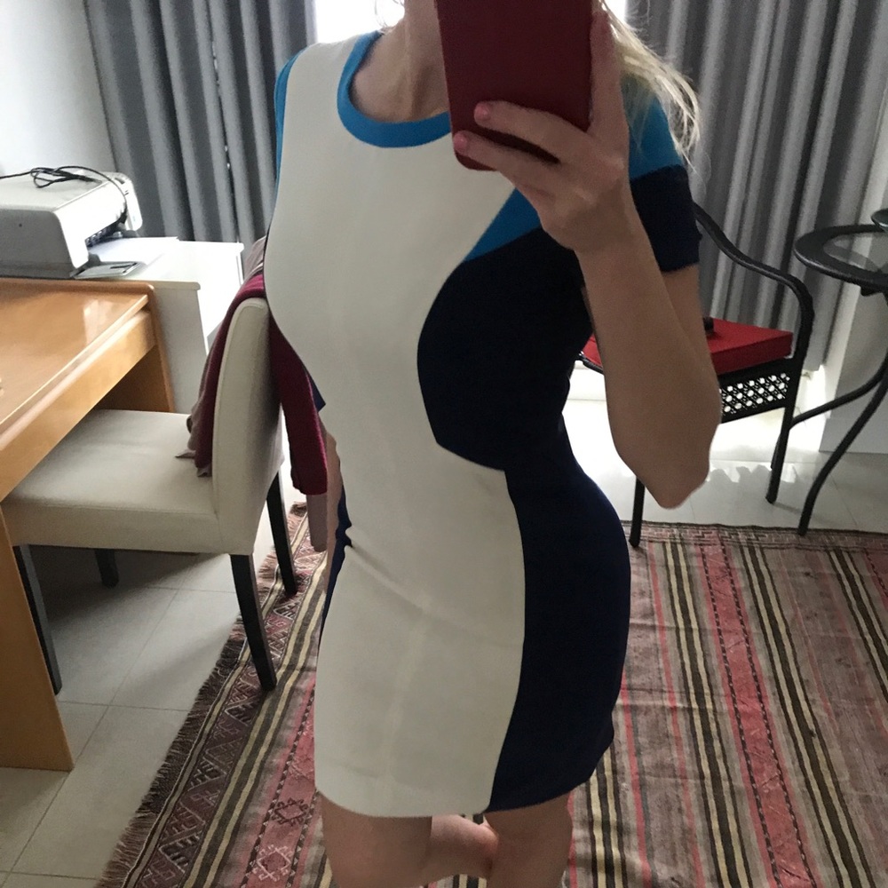 Blue block patterned white dress with gold zipper